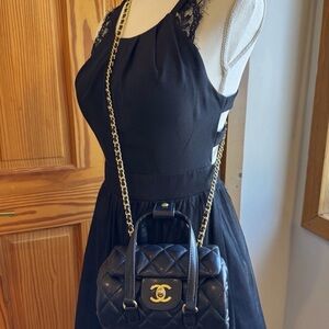 VIP Black Quilted Chanel Beauty Make Up Small Bag with Gold Chain